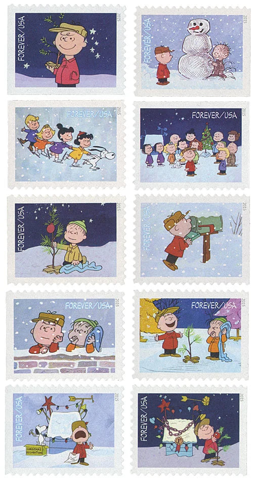 A Charlie Brown Christmas Forever stamps 5 books of 20 (100 stamps total)